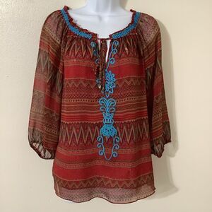 Joy Joy Bohemian Hippie Festival Colorful Boho Embroidered Red Peasant Blouse M
